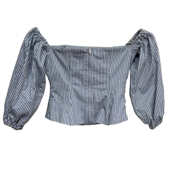 Bebe Poplin Off Shoulder Blue White Striped Top 2 Cotton Nautical Date Night Bea - Picture 5 of 11